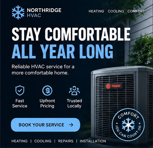 Sample static ad creative for Northridge HVAC, headlined “Stay comfortable all year long”, with a heat pump beside a home.