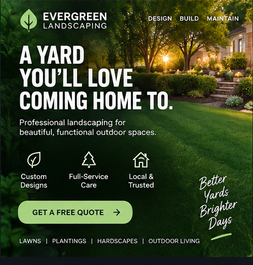 Sample static ad creative for Evergreen Landscaping, headlined “A yard you’ll love coming home to”, with a planted lawn at golden hour.